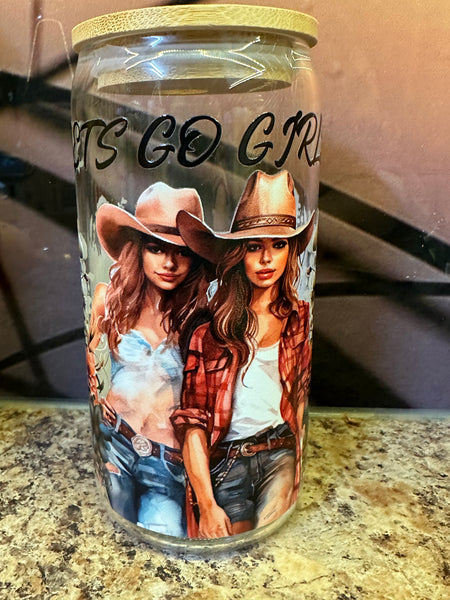 "Let's Go Girls" Cowgirls with Guitar Glass Tumbler